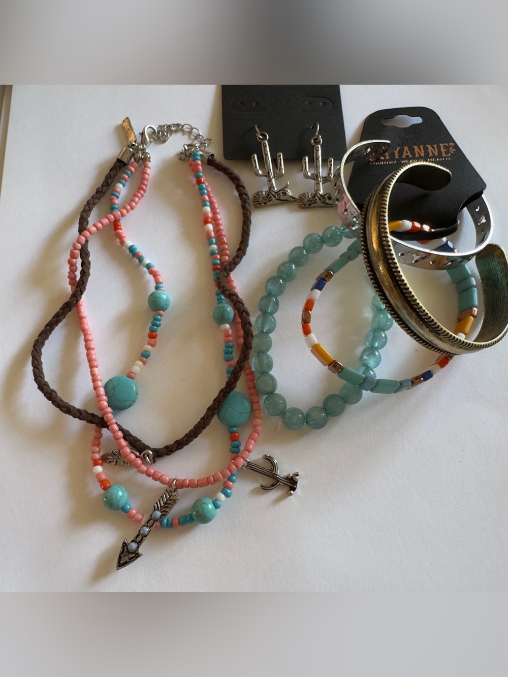 Boho Layered Pink and Turquoise Beaded Bracelets/Necklace with Silver Charms